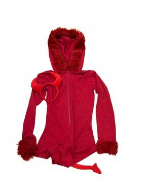 Foxy Lady Devil Costume Romper with Hood, Tail, and Fur Trim - Medium/Large